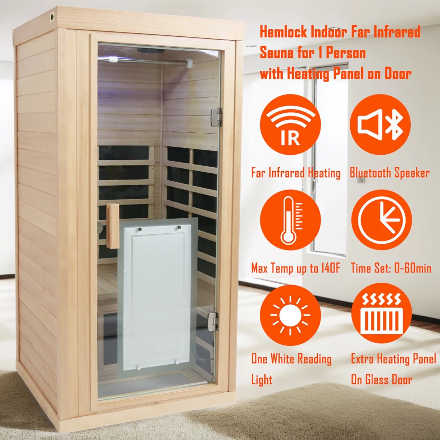 1 Person Sauna Room Far Infrared Canadian Hemlock Wood Sauna Cabinet Home Spa